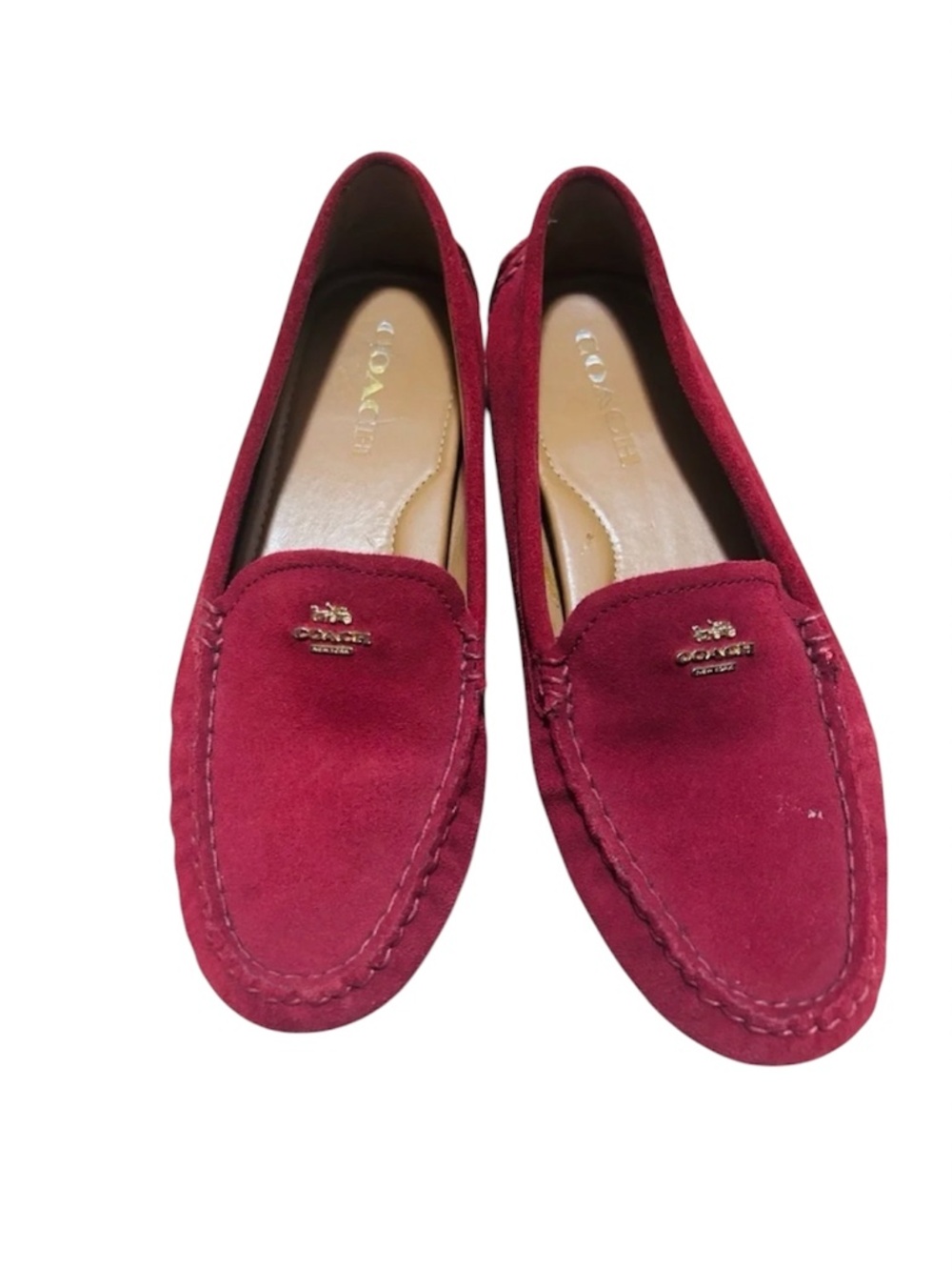 MENS Coach New York, Amber red cranberry suede driving loafers 9.5 with logo